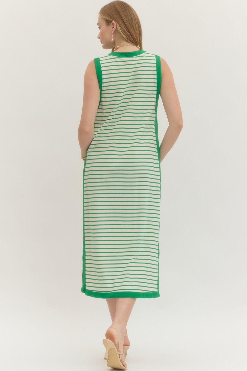 Green Striped Sleeveless Contrast Midi Dress