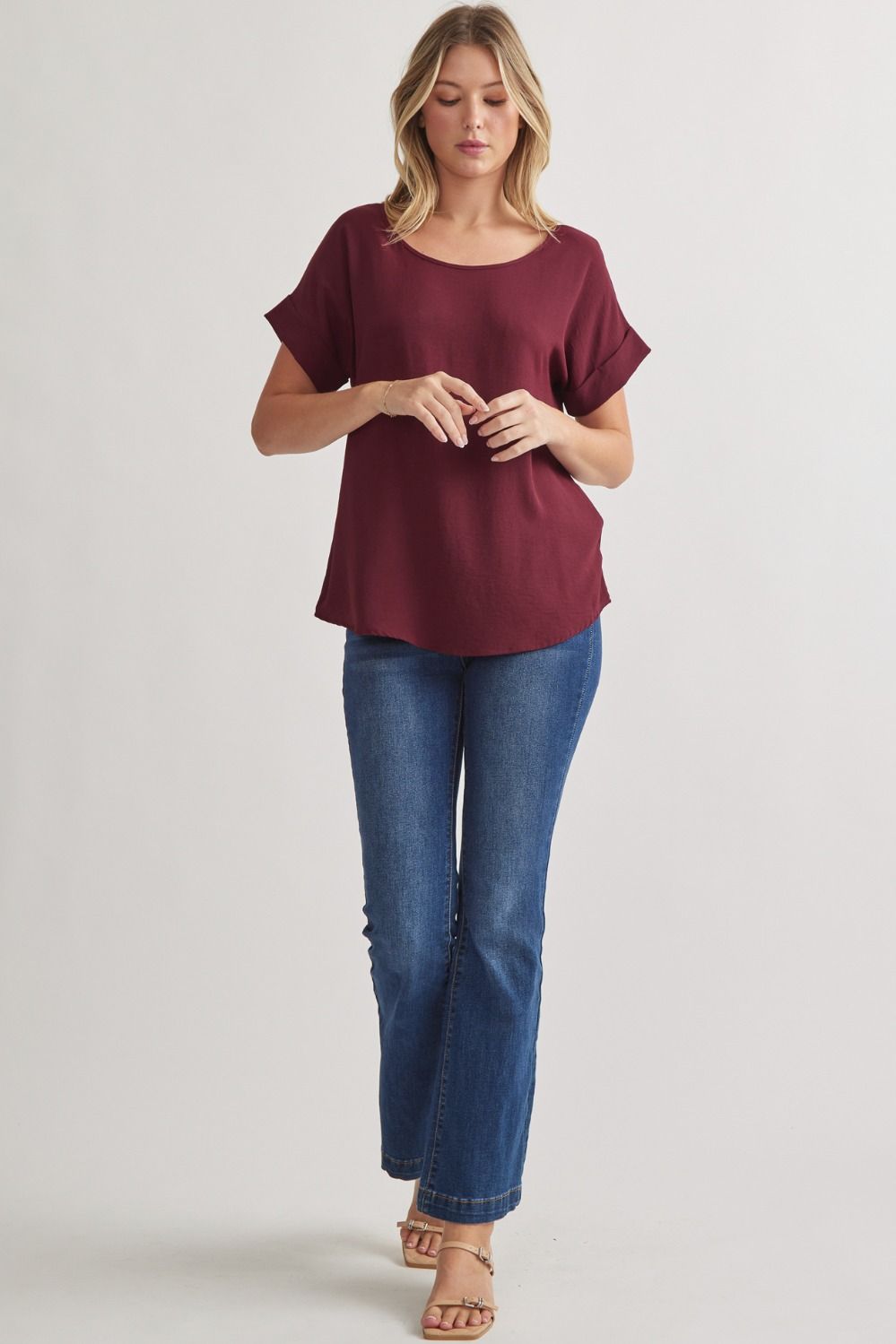 Burgundy Scoop Neck Rolled Sleeve Top