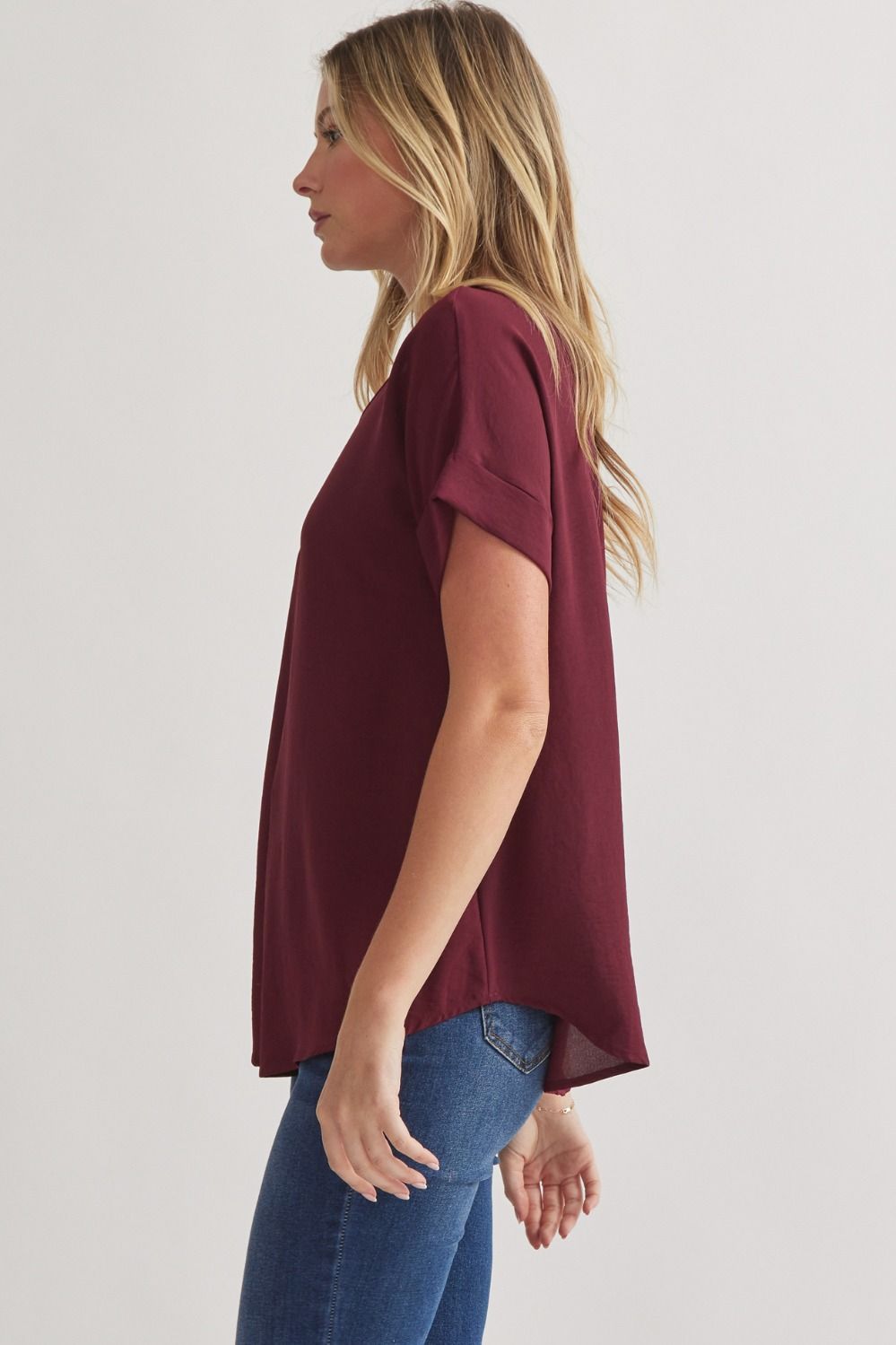 Burgundy Scoop Neck Rolled Sleeve Top