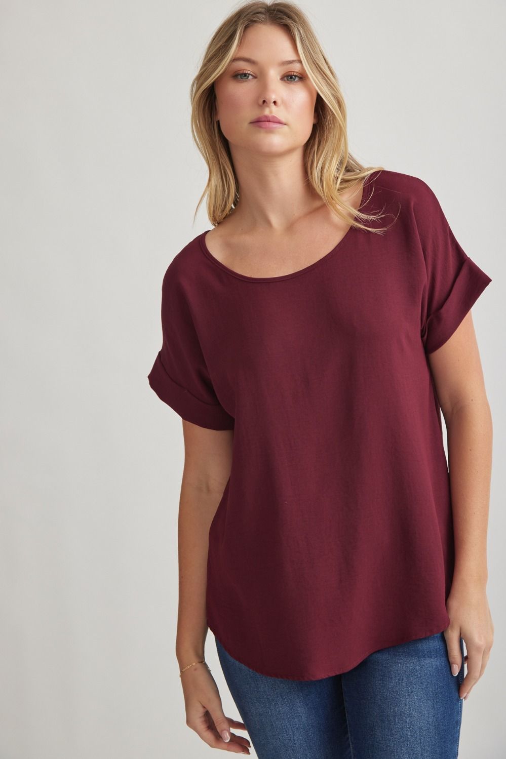 Burgundy Scoop Neck Rolled Sleeve Top