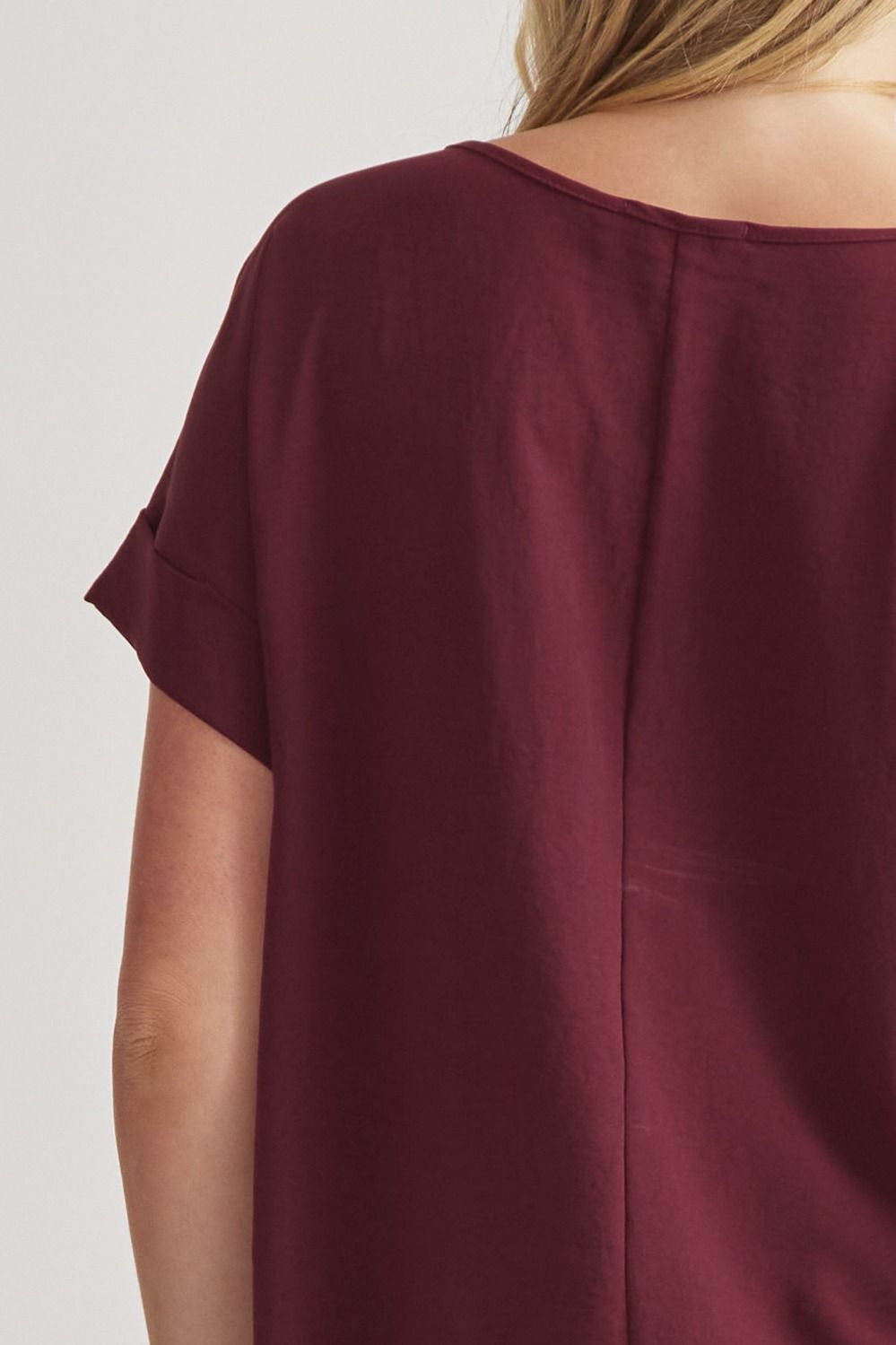 Burgundy Scoop Neck Rolled Sleeve Top