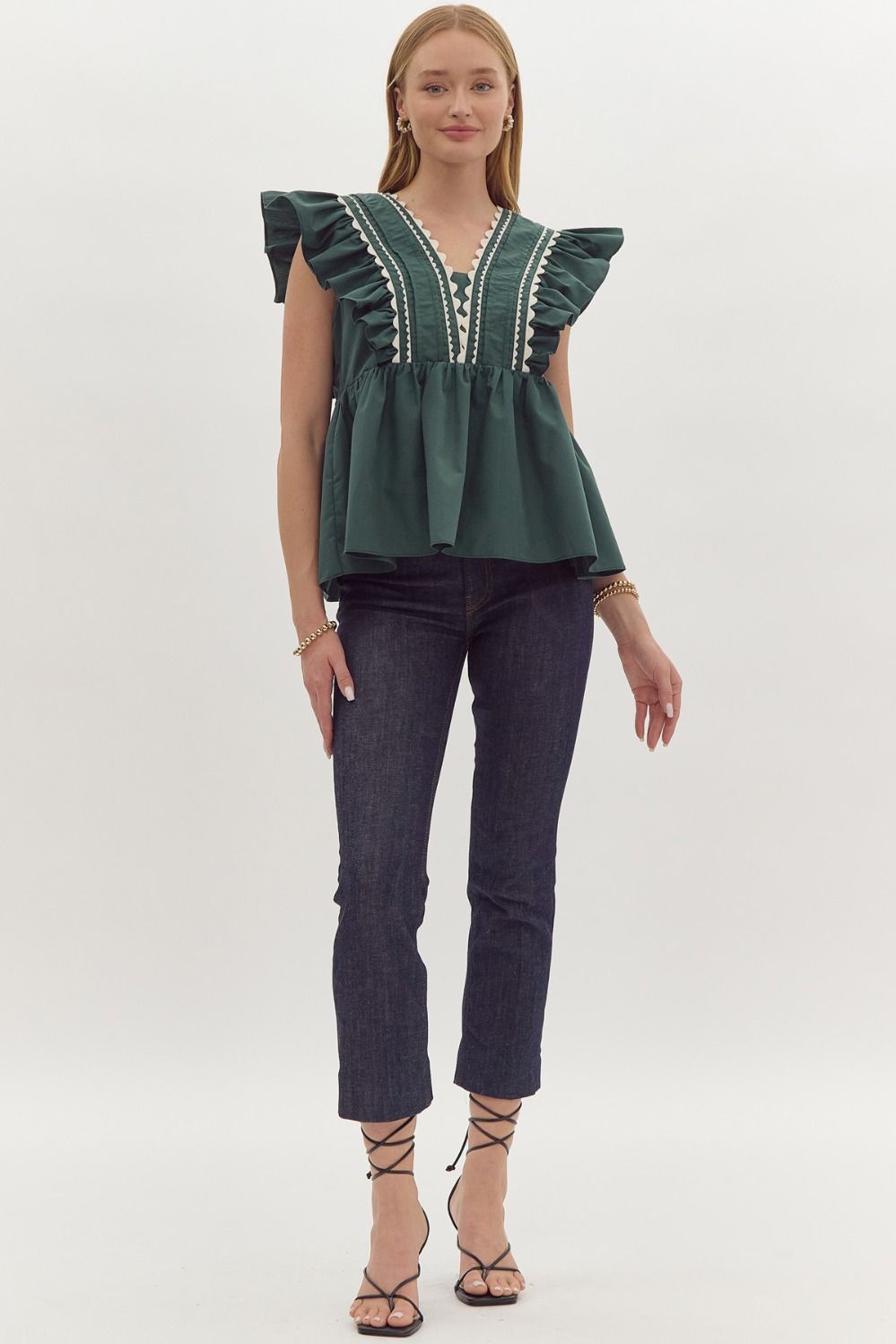 Solid Ruffle Sleeve Scalloped Trim Forest V Neck Top