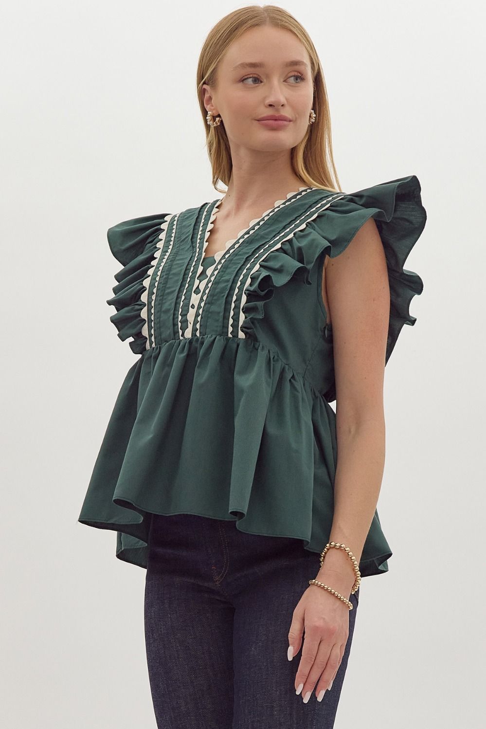 Solid Ruffle Sleeve Scalloped Trim Forest V Neck Top