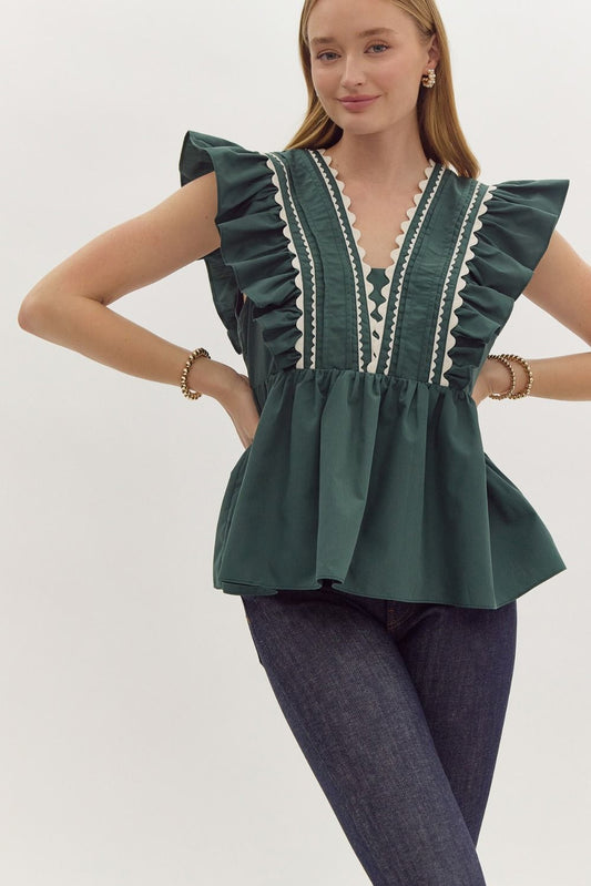 Solid Ruffle Sleeve Scalloped Trim Forest V Neck Top