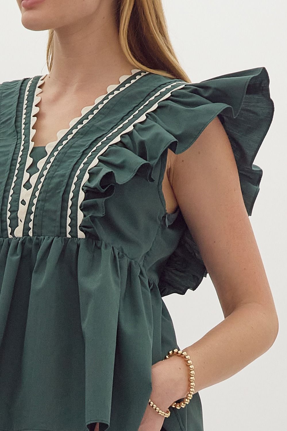 Solid Ruffle Sleeve Scalloped Trim Forest V Neck Top