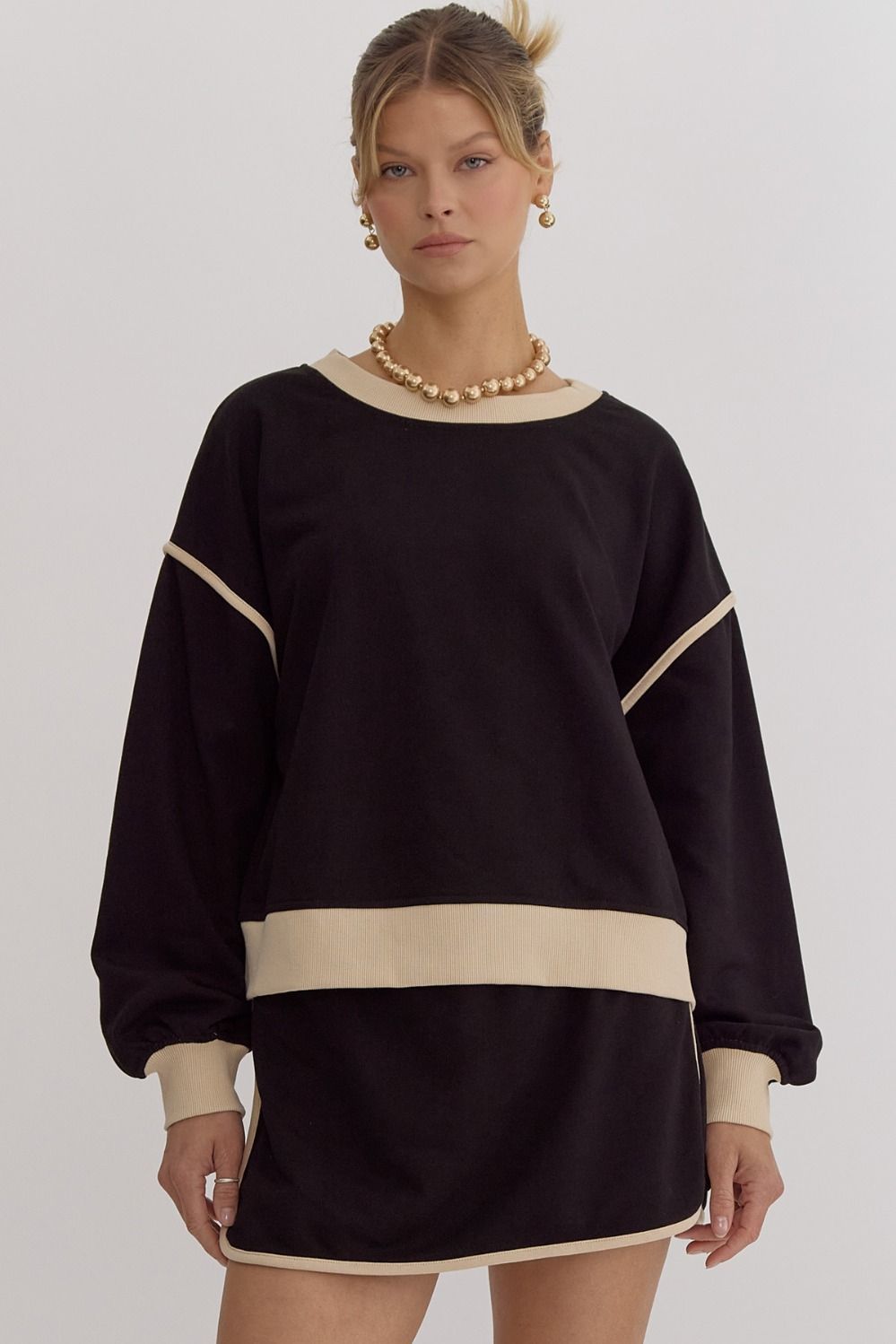 Entro Solid Trimmed Round neck long sleeve top