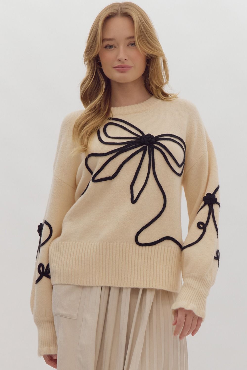 Solid Long Sleeve Round Neck Bow Sweater