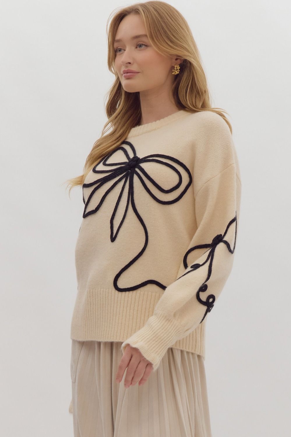 Solid Long Sleeve Round Neck Bow Sweater