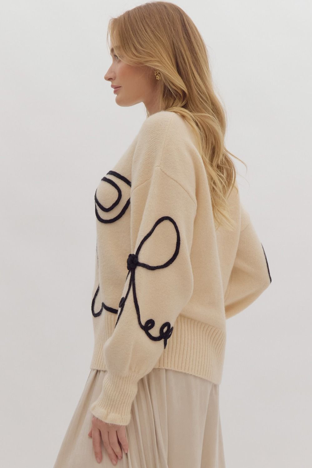 Solid Long Sleeve Round Neck Bow Sweater