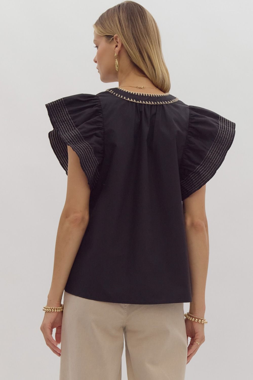 Solid V Neck Ruffled Sleeve - Black