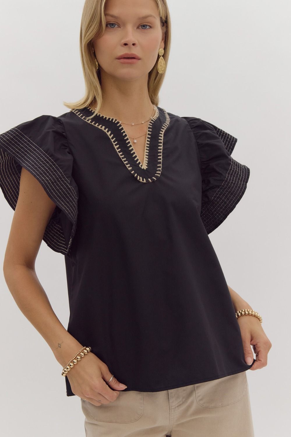 Solid V Neck Ruffled Sleeve - Black