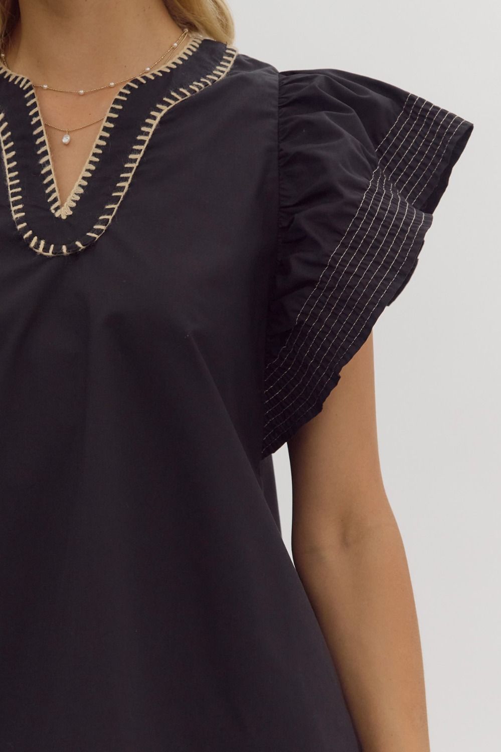 Solid V Neck Ruffled Sleeve - Black