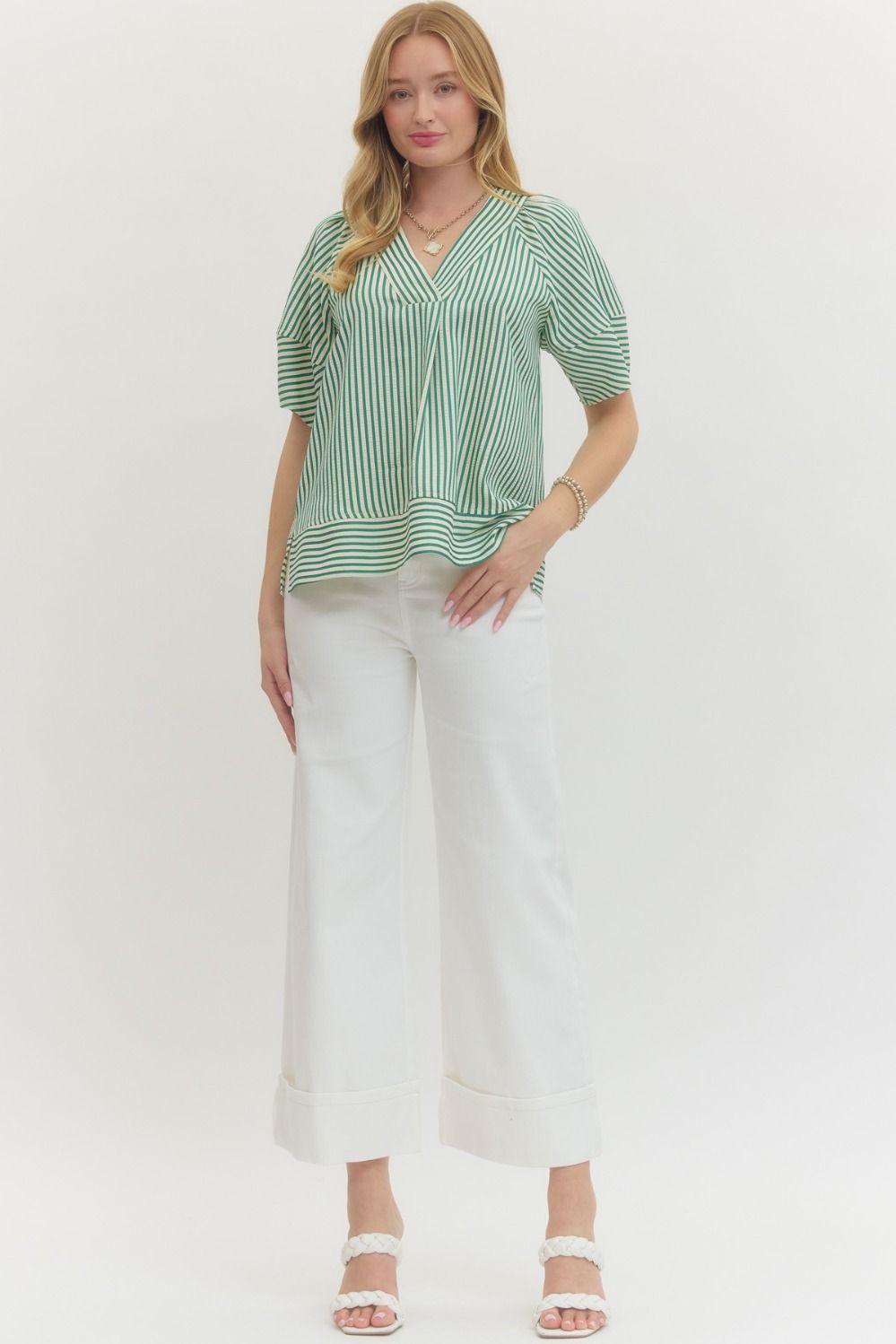 Green Striped Short Sleeve V Neckline Top
