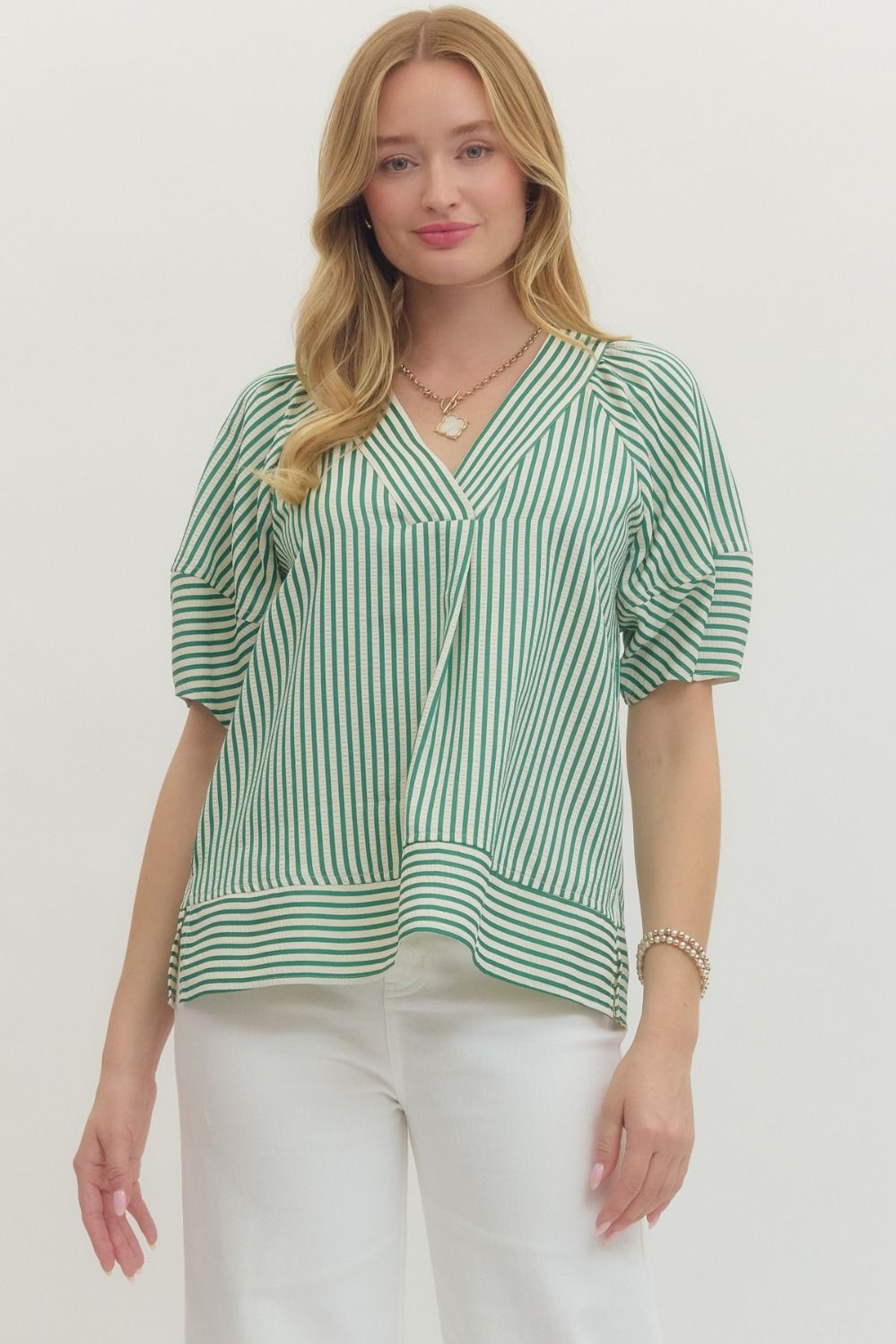Green Striped Short Sleeve V Neckline Top