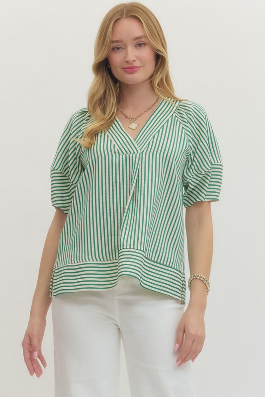 Green Striped Short Sleeve V Neckline Top