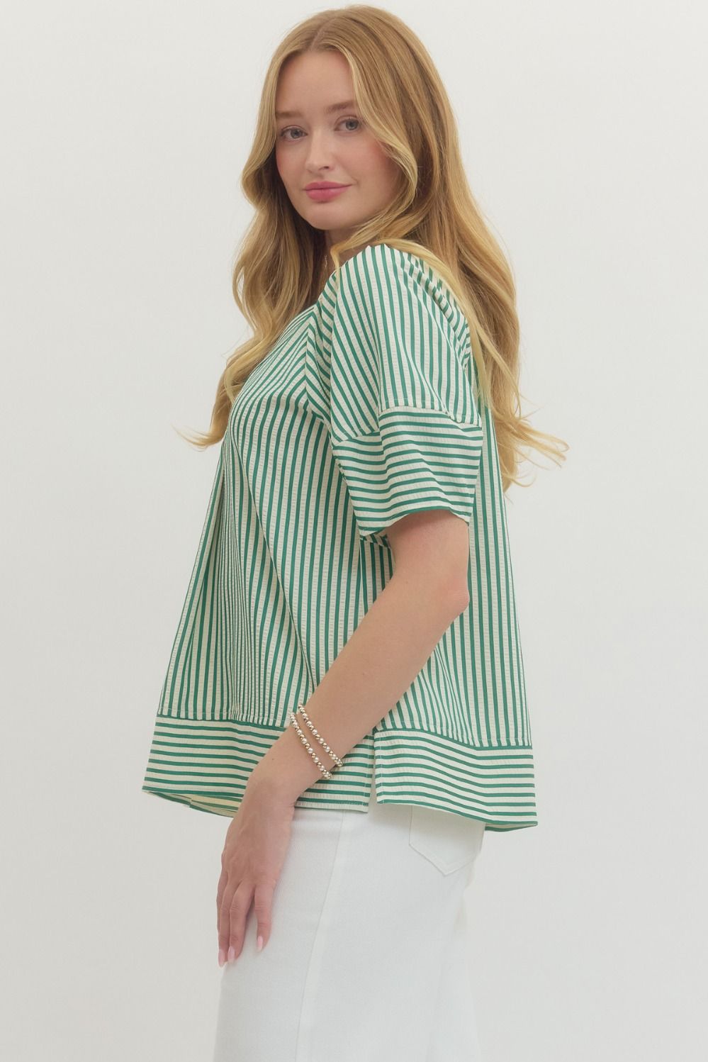 Green Striped Short Sleeve V Neckline Top