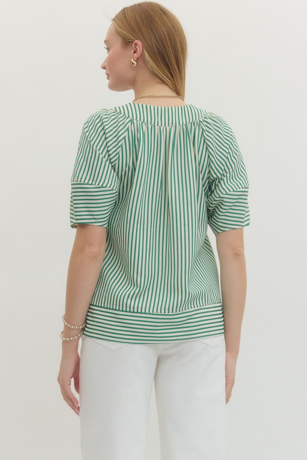 Green Striped Short Sleeve V Neckline Top