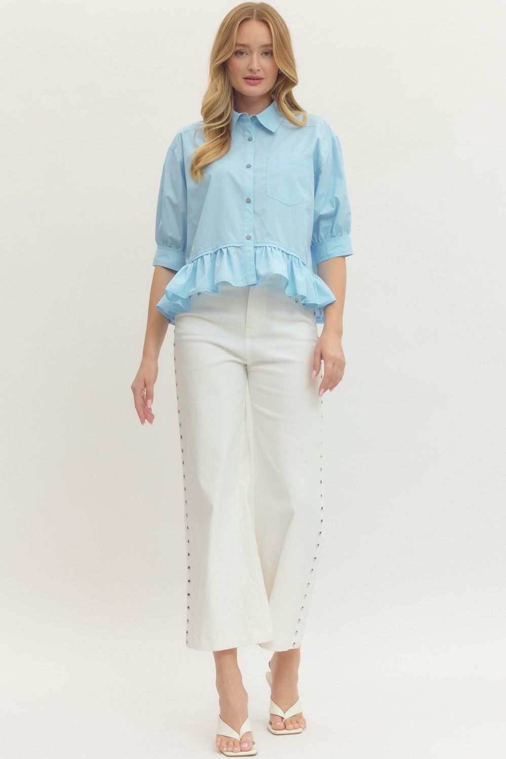 Solid Short Sleeve Ruffle Hem Button Down Top