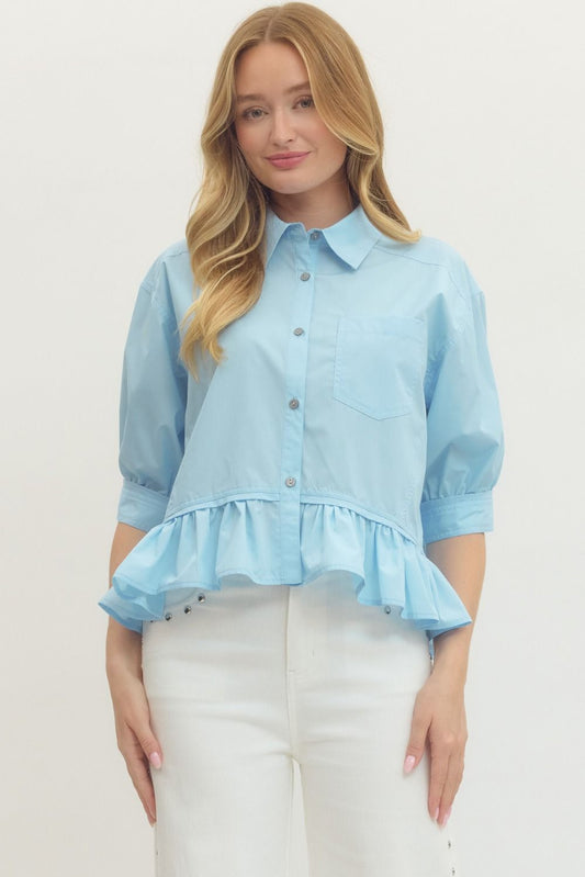 Solid Short Sleeve Ruffle Hem Button Down Top