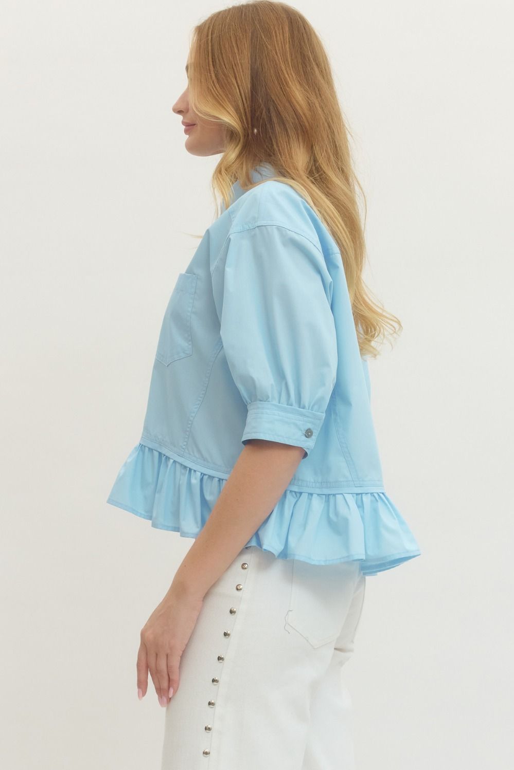 Solid Short Sleeve Ruffle Hem Button Down Top