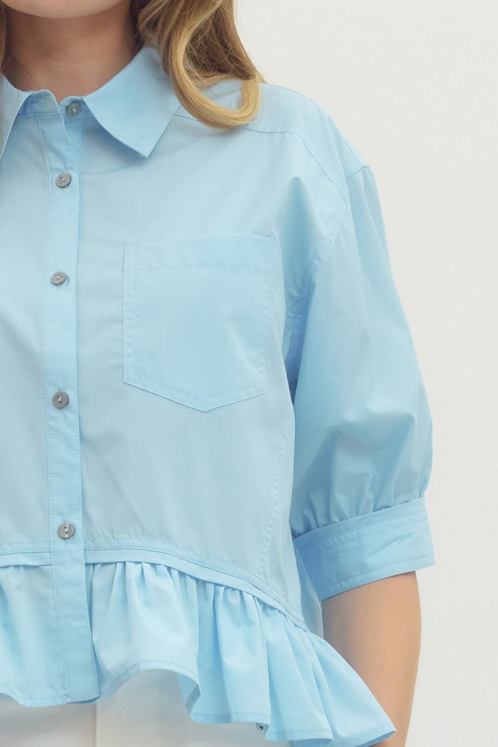 Solid Short Sleeve Ruffle Hem Button Down Top