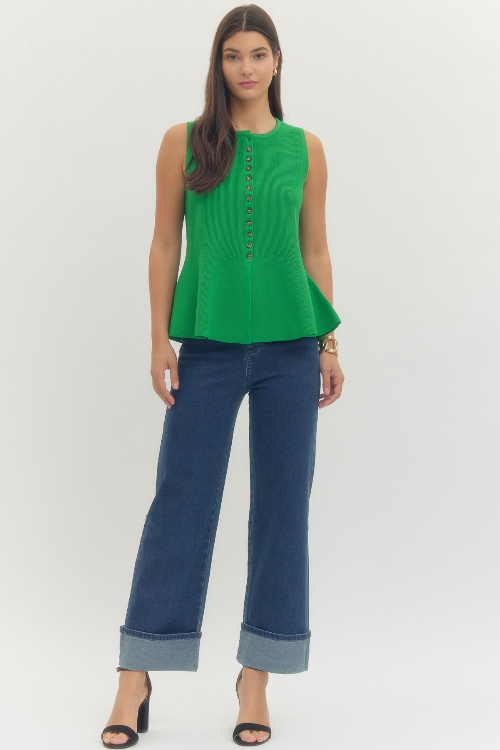 Solid Green Sleeveless Knit Front Button Top