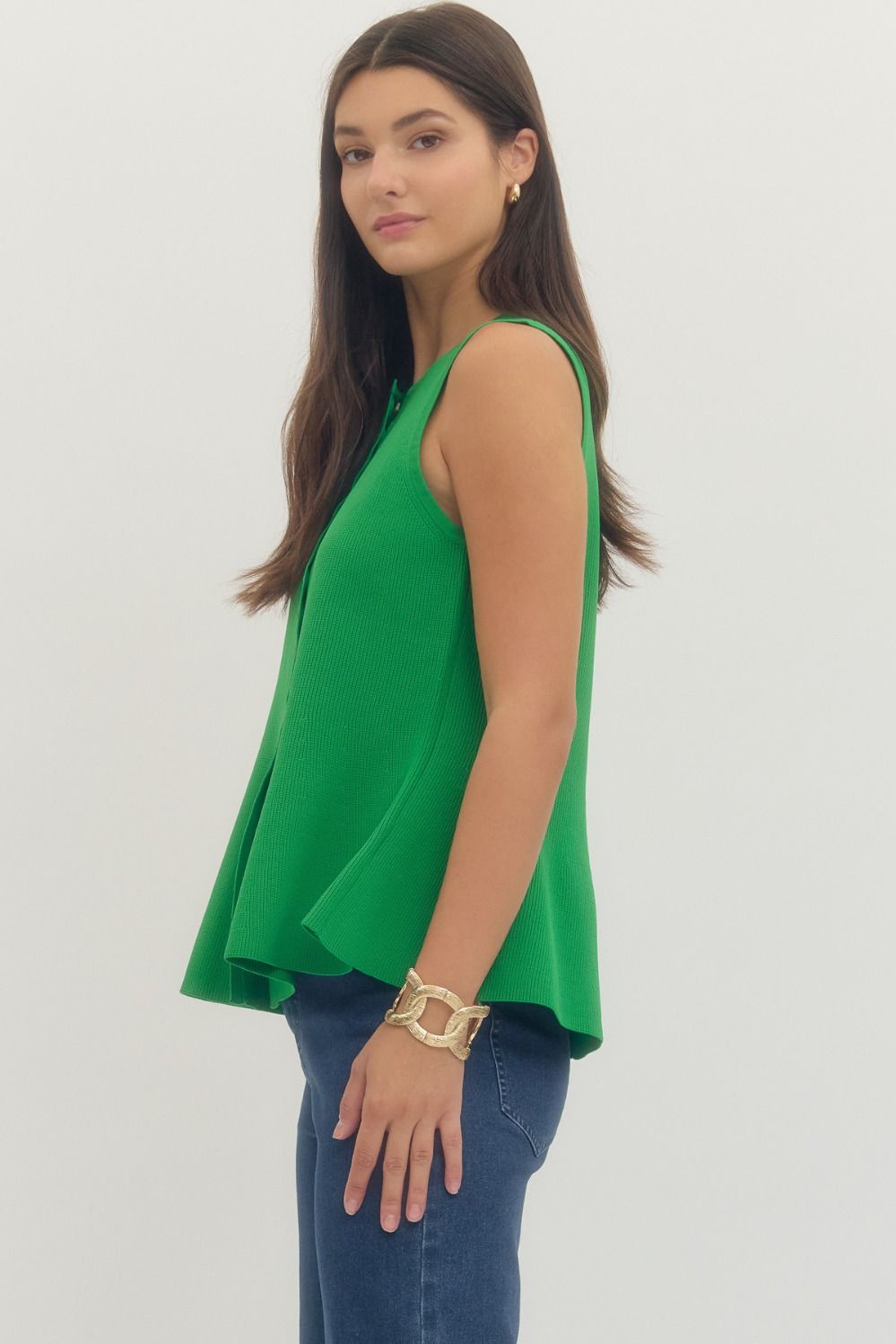 Solid Green Sleeveless Knit Front Button Top