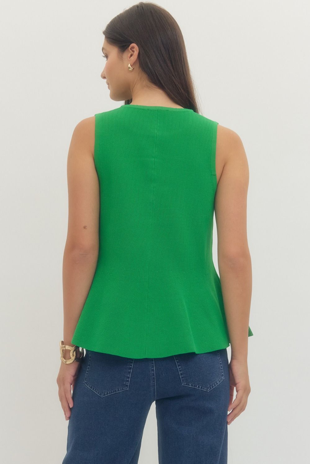 Solid Green Sleeveless Knit Front Button Top