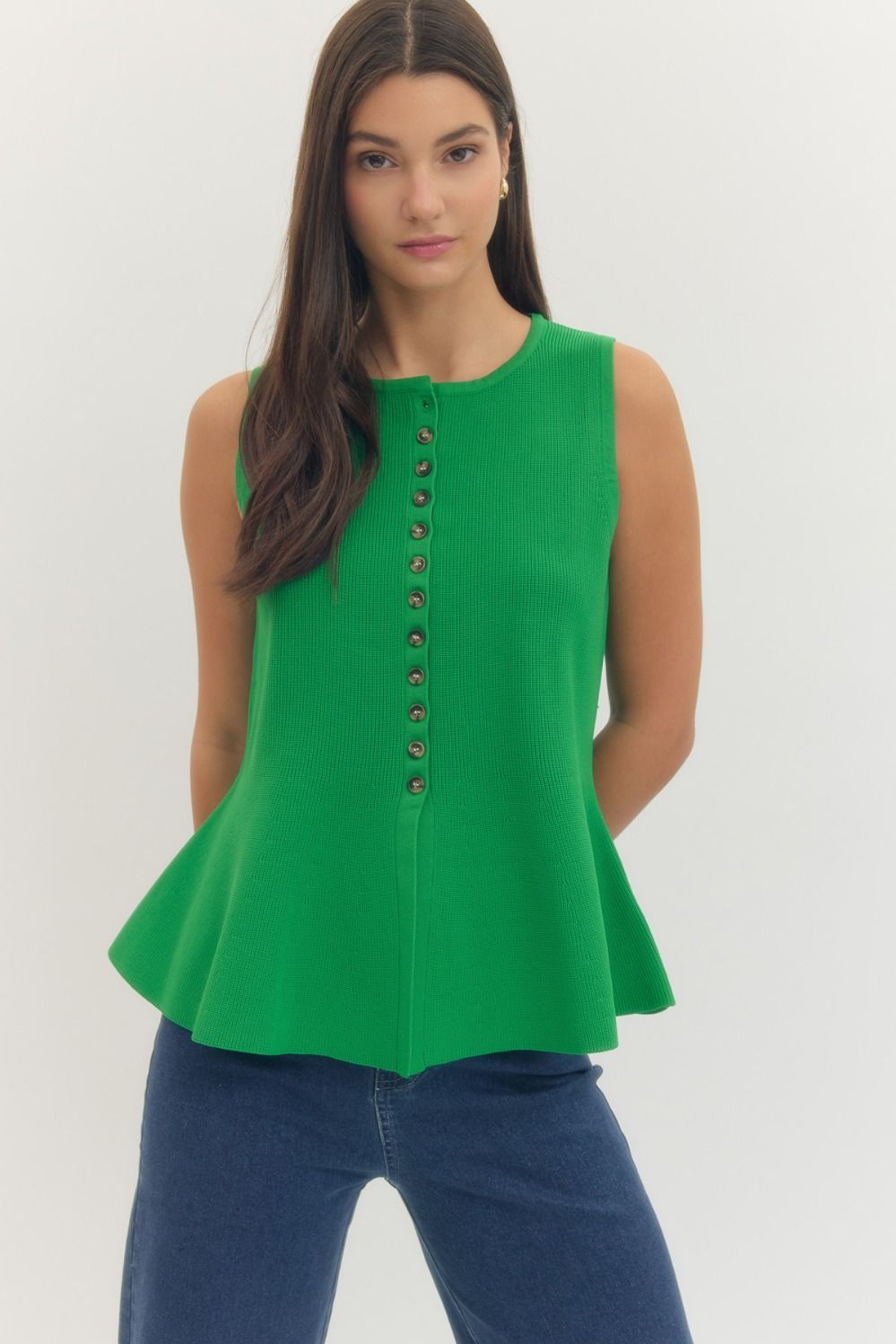 Solid Green Sleeveless Knit Front Button Top