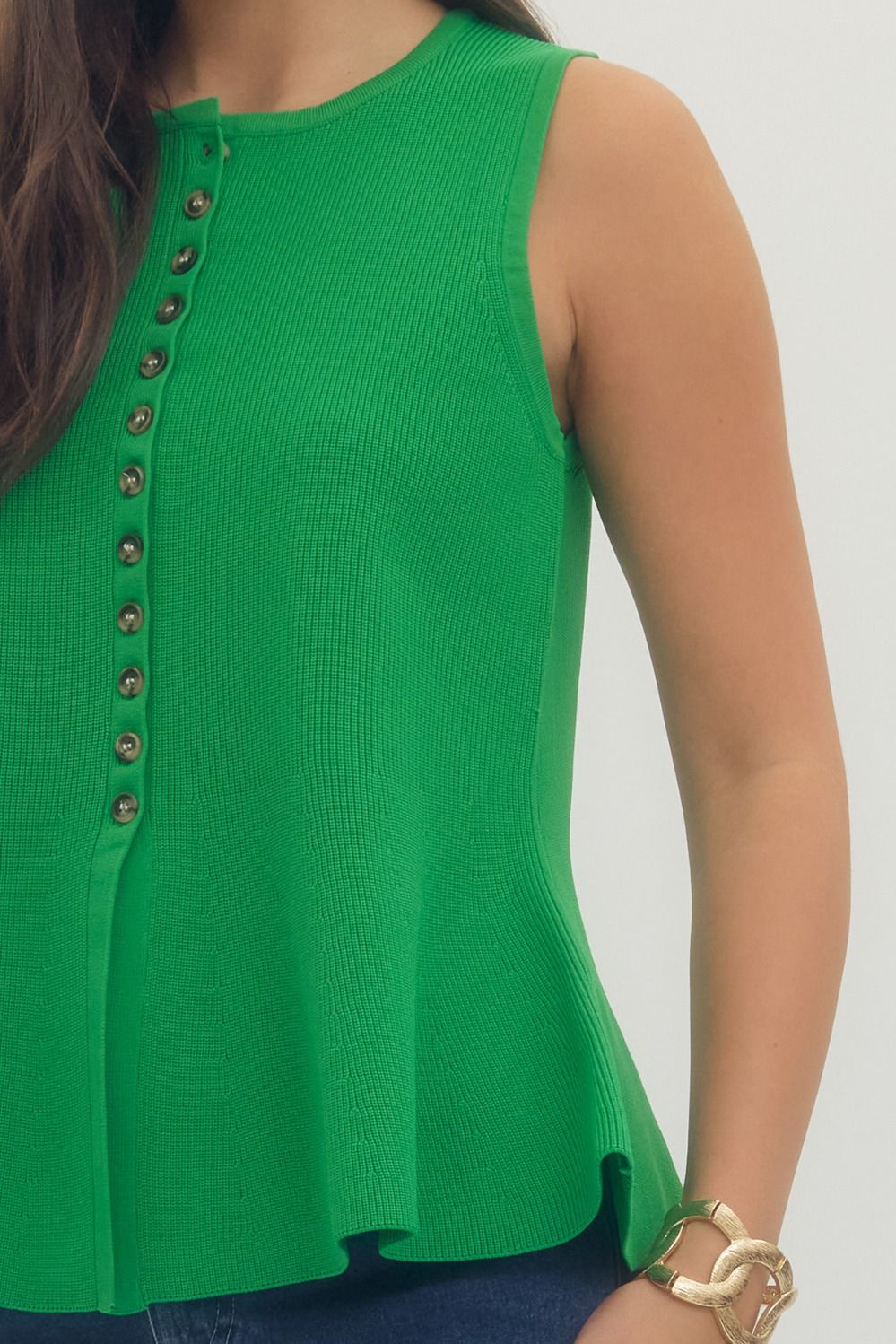Solid Green Sleeveless Knit Front Button Top