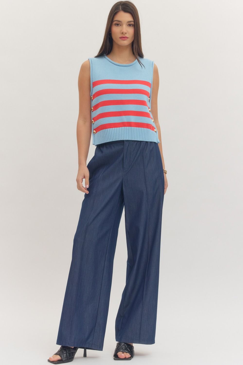 Striped Sleeveless Button Side Knit Top