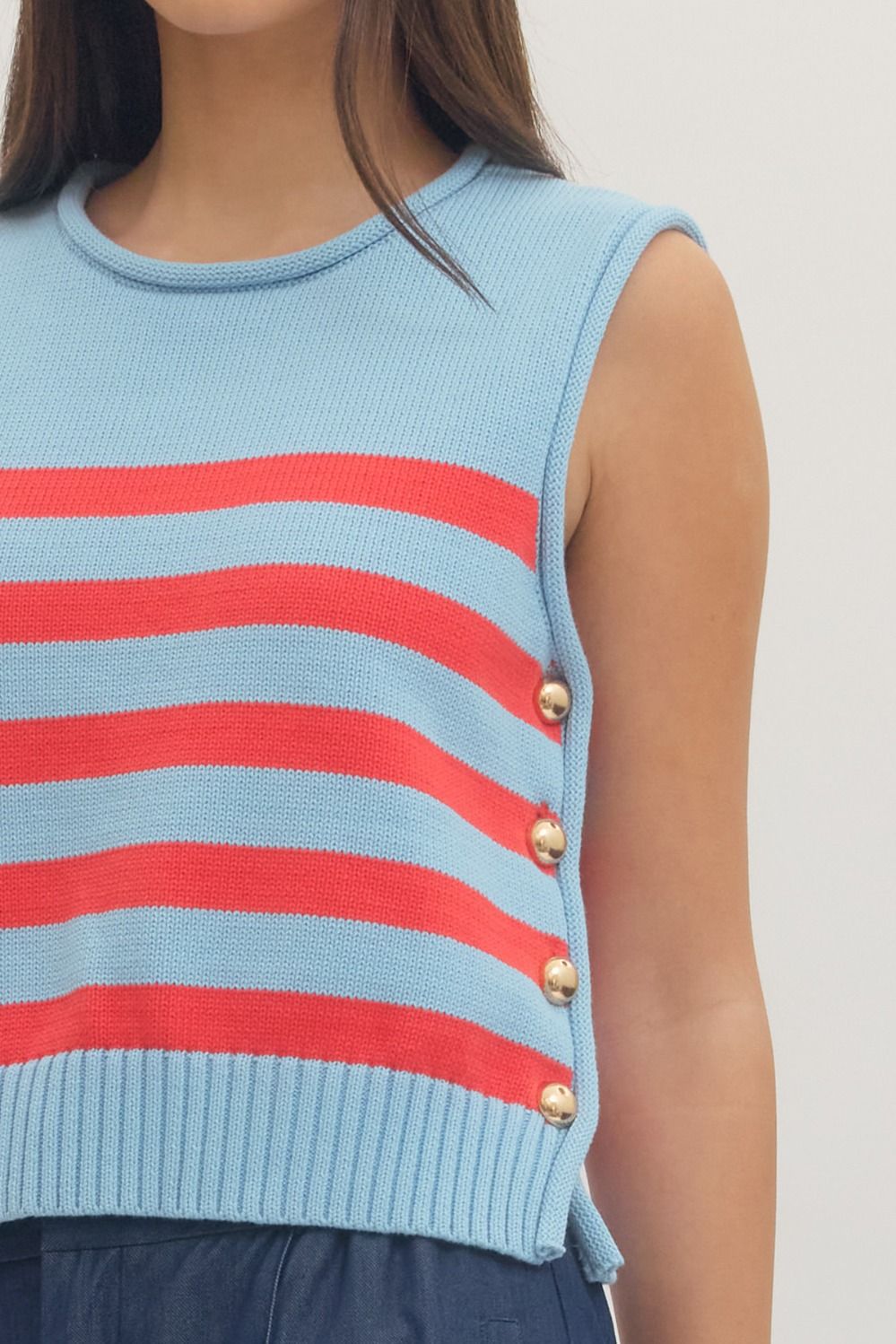 Striped Sleeveless Button Side Knit Top