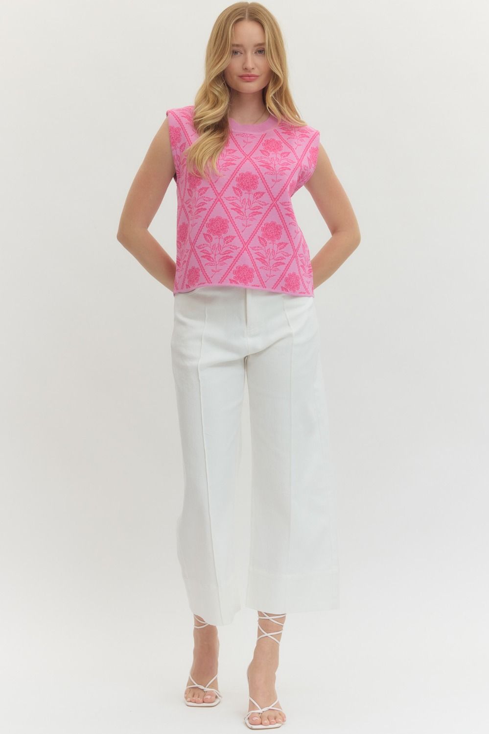 Textured Diamond Pink Knit Sleeveless Sweater Top