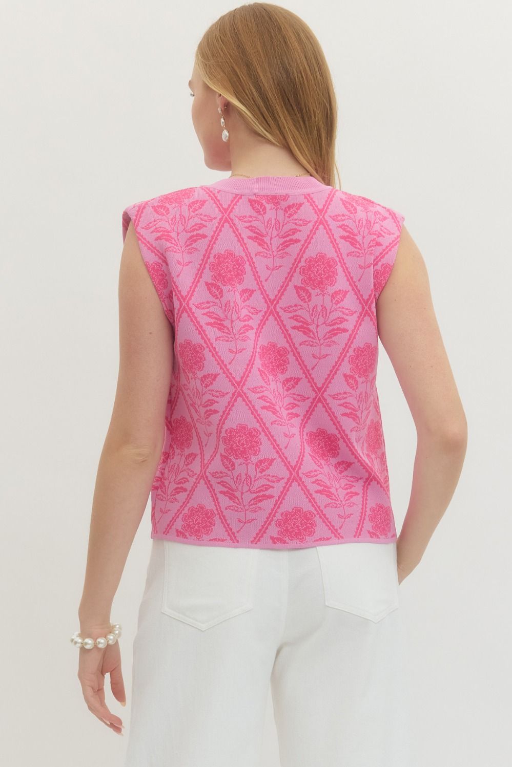 Textured Diamond Pink Knit Sleeveless Sweater Top