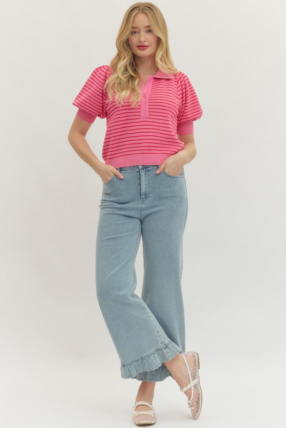 Striped Cropped Red & Pink Puff Sleeve Polo Neck Top