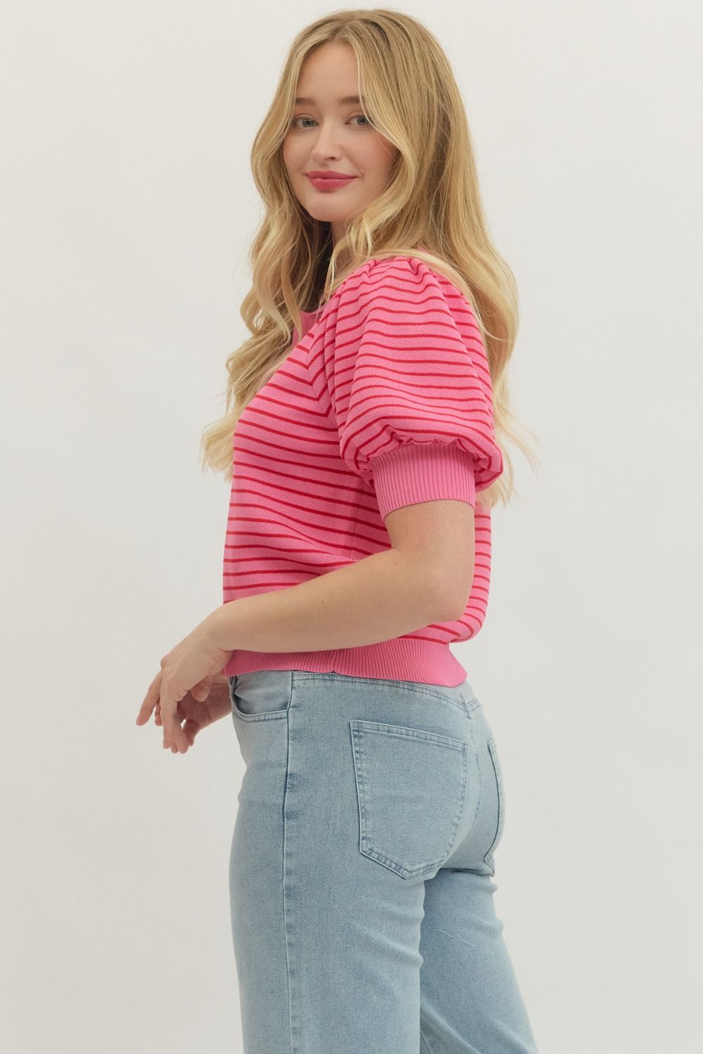 Striped Cropped Red & Pink Puff Sleeve Polo Neck Top