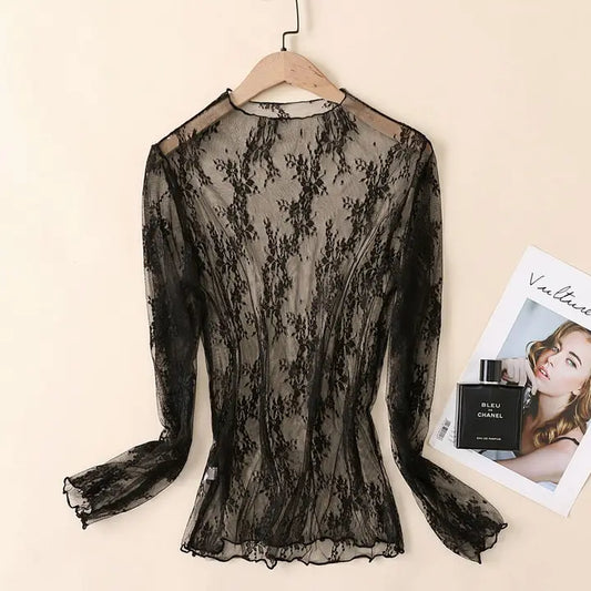 Mesh Long Sleeve Lace Blouse