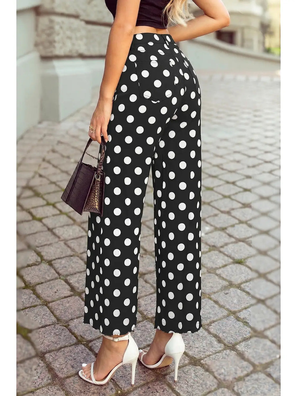 Polka Dot Patched Pocket Black & White Ankle Loose Pants