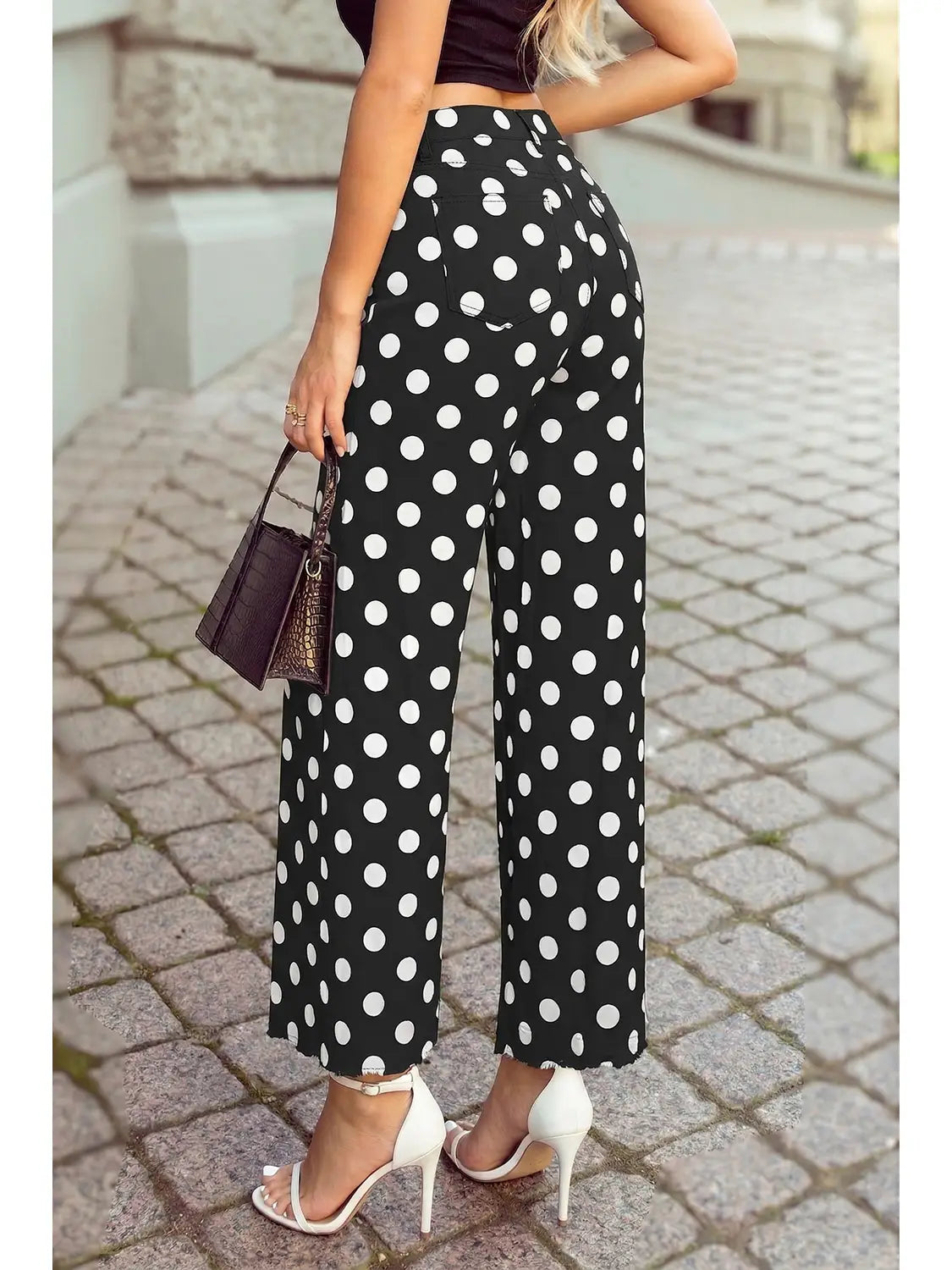 Polka Dot Patched Pocket Black & White Ankle Loose Pants