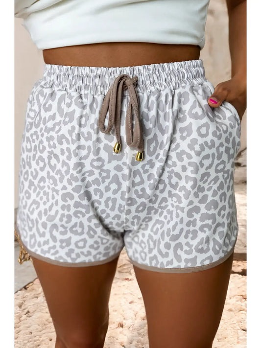 White Leopard Elastic Waist Casual Shorts