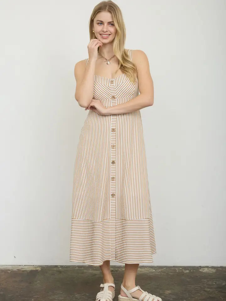 Stripe Sweetheart Button Down Sleeveless Midi Dress