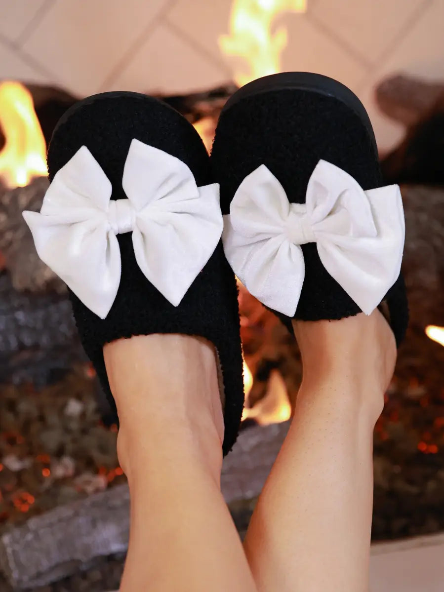 Cozy Black White Bow Slippers