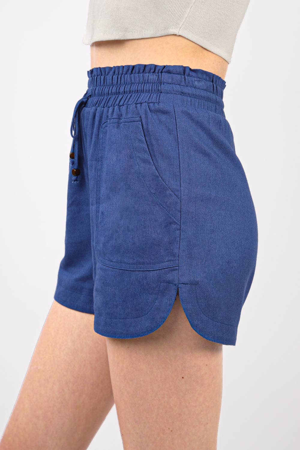 Elastic Waist Solid Linen Shorts - Blue