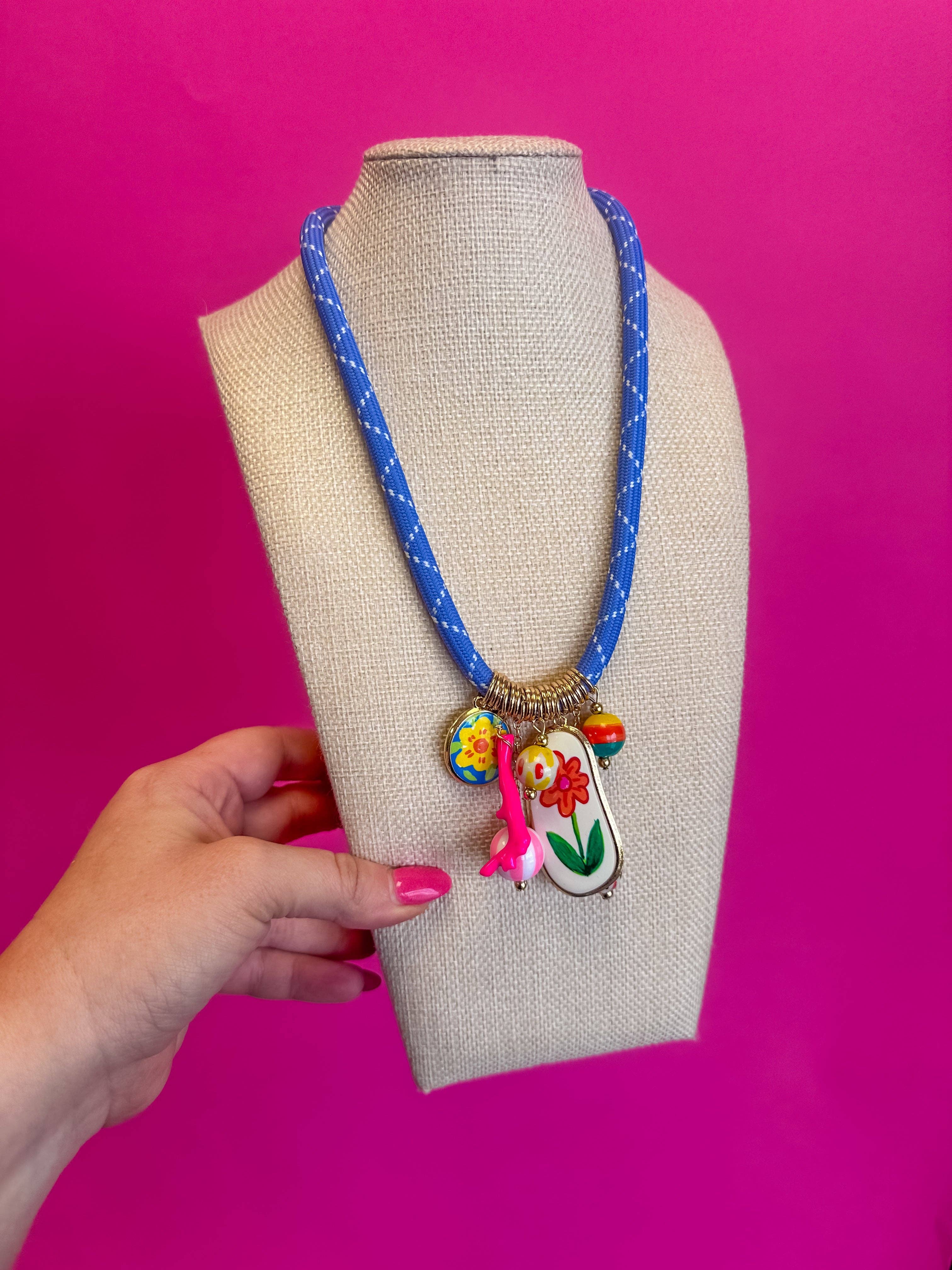 Braided Cord with Charm Necklace - Blue