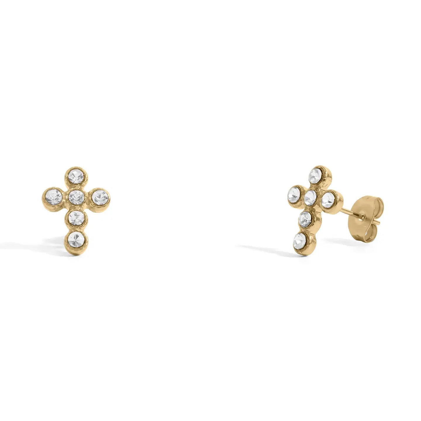 18K Gold Pvd Round Stone Cross Earrings