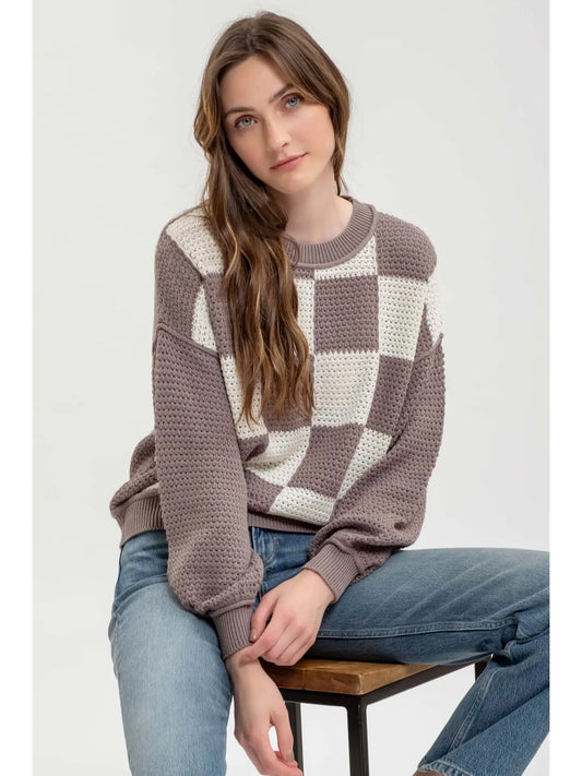 Checkered Crochet Knit Long Sleeve Sweater