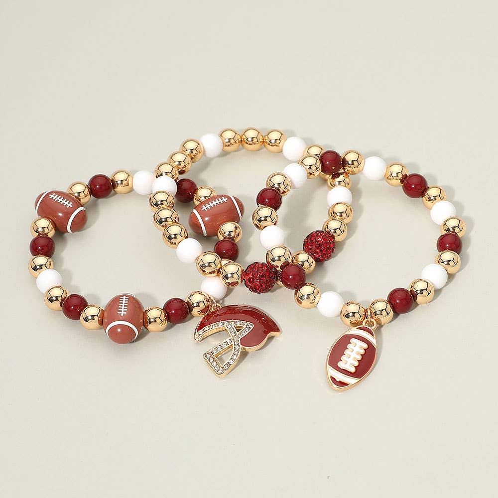 3PCS - Game Day Football Helmet Charm Beaded Stretch Multi Layered Bracelets