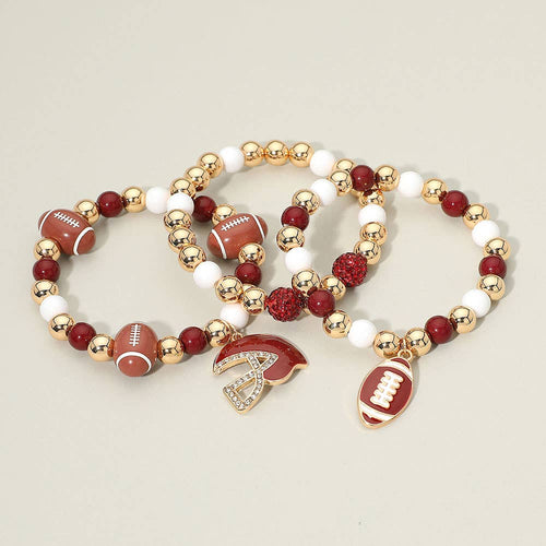 3PCS - Game Day Football Helmet Charm Beaded Stretch Multi Layered Bracelets