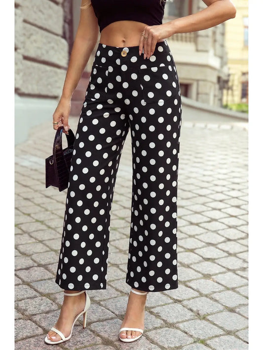 Polka Dot Patched Pocket Black & White Ankle Loose Pants