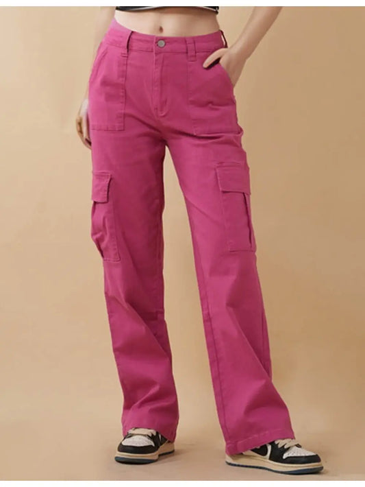 Cargo Jean Button Pocket Straight Leg Pink Denim Pant